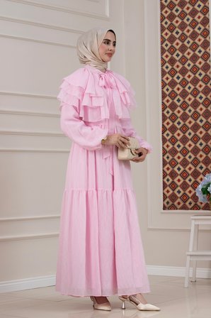 Fırfır Detaylı Roza Tesettür Elbise-PEMBE