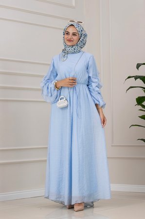 Kolları Fırfır Detaylı Simay Elbise-BEBE MAVİ