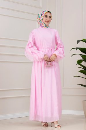Kolları Fırfır Detaylı Simay Elbise-PEMBE