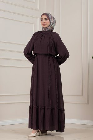 Fırfır Detaylı Kuşaklı Eylül Elbise-MÜRDÜM
