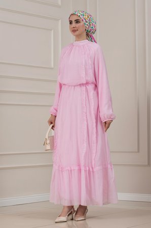 Fırfır Detaylı Kuşaklı Eylül Elbise-PEMBE