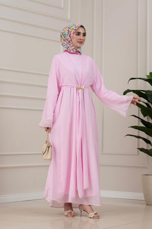 Bolerolu Toka Detaylı Defne Elbise-PEMBE