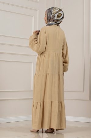 Müslin Kumaş Robalı İvana Elbise-BEJ
