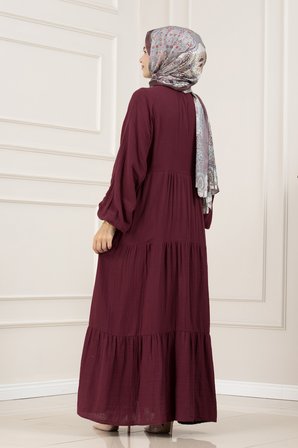 Müslin Kumaş Robalı İvana Elbise-BORDO