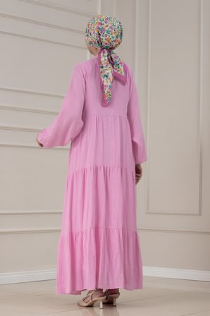 Müslin Kumaş Robalı İvana Elbise-PEMBE