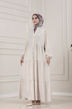 Lilyum Kumaş Robalı Katya Elbise-BEJ