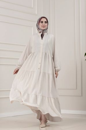 Lilyum Kumaş Robalı Katya Elbise-BEJ