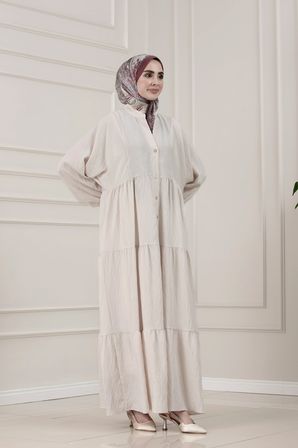 Lilyum Kumaş Robalı Katya Elbise-BEJ