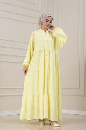 Lilyum Kumaş Robalı Katya Elbise-SARI