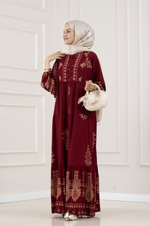 Yarım Düğmeli Robalı Nesrin Elbise-BORDO