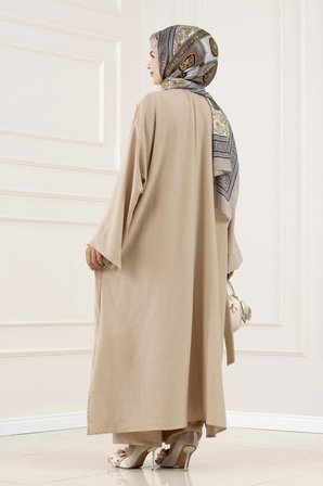 Düğmeli Davin Abaya İkili Takım-BEJ