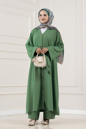 Düğmeli Davin Abaya İkili Takım-YEŞİL