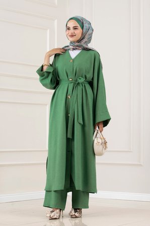 Düğmeli Davin Abaya İkili Takım-YEŞİL