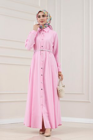 Gömlek Yaka Kemerli Berra Elbise-PEMBE