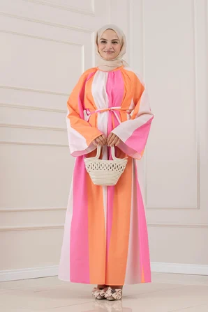 Eflal Şeritli Hakim Yaka Elbise-PEMBE