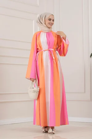 Eflal Şeritli Hakim Yaka Elbise-PEMBE