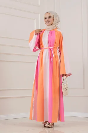 Eflal Şeritli Hakim Yaka Elbise-PEMBE