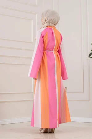 Eflal Şeritli Hakim Yaka Elbise-PEMBE