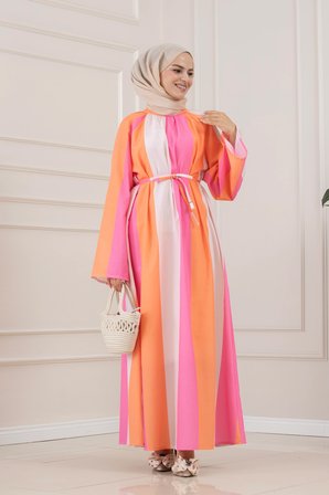 Eflal Şeritli Hakim Yaka Elbise-PEMBE