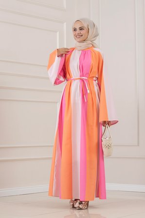 Eflal Şeritli Hakim Yaka Elbise-PEMBE