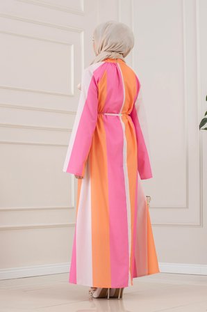 Eflal Şeritli Hakim Yaka Elbise-PEMBE