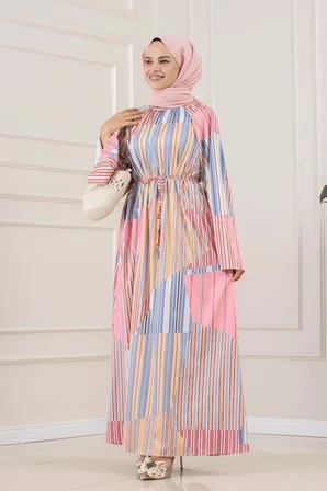 Kalın Şeritli Hakim Yaka Elbise-PEMBE