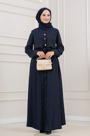 Güpür Detaylı Elbise-LACİVERT