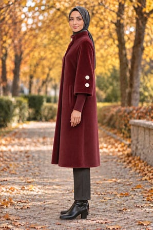 GOLD DÜĞMELİ UZUN KABAN-BORDO