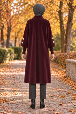 GOLD DÜĞMELİ UZUN KABAN-BORDO