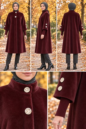 GOLD DÜĞMELİ UZUN KABAN-BORDO