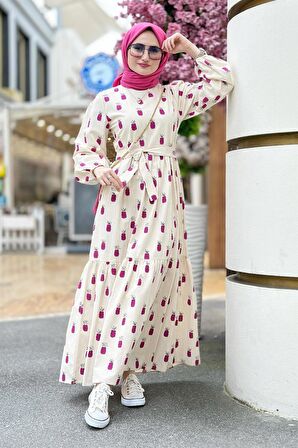 Keten Kumaş Ananas Desenli Uzun Elbise-Lila