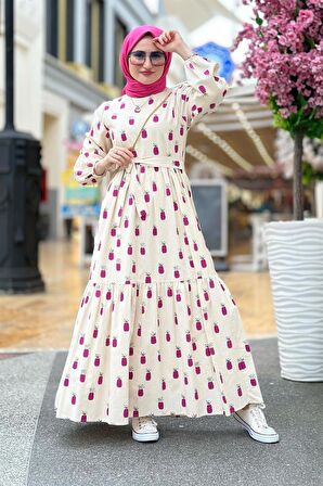 Keten Kumaş Ananas Desenli Uzun Elbise-Lila