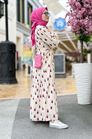 Keten Kumaş Ananas Desenli Uzun Elbise-Lila