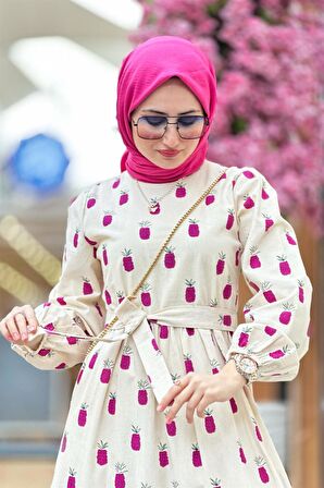 Keten Kumaş Ananas Desenli Uzun Elbise-Lila