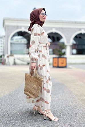 Büyük Ananas Desenli Keten Elbise-Kahve Turuncu