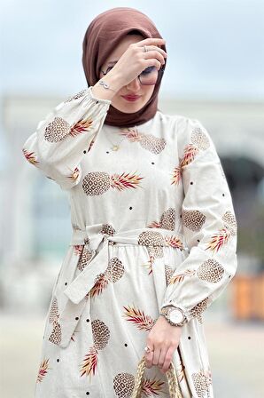 Büyük Ananas Desenli Keten Elbise-Kahve Turuncu