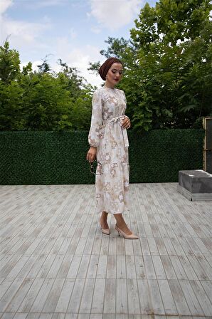 Çiçek Kabartma Desenli Keten Elbise-Vizon