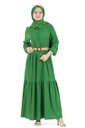 Hasır Kemerli Elbise-Benetton Yeşili