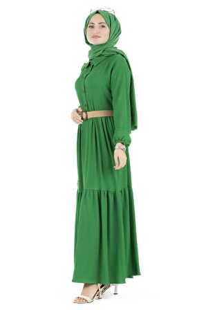Hasır Kemerli Elbise-Benetton Yeşili