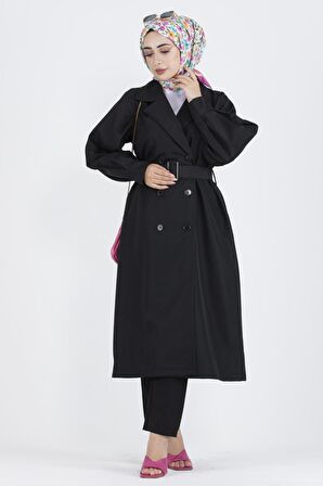 Balon Kollu Trençkot-Siyah