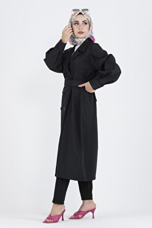 Balon Kollu Trençkot-Siyah