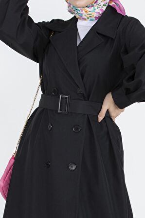 Balon Kollu Trençkot-Siyah