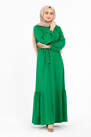 Beli Kemerli Bürümcük Elbise - Yeşil
