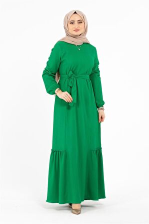 Beli Kemerli Bürümcük Elbise - Yeşil