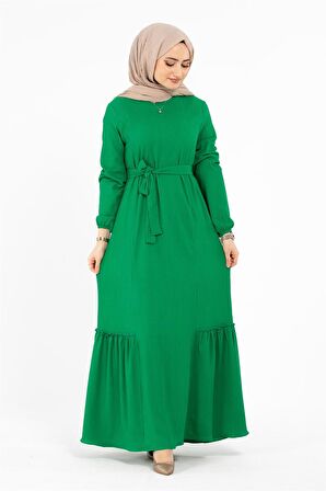 Beli Kemerli Bürümcük Elbise - Yeşil