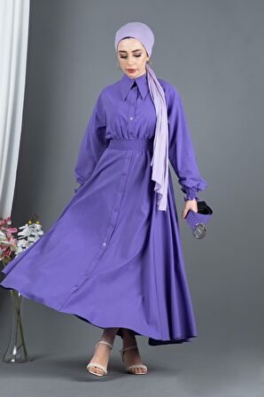 Kemer Detaylı Elinna Elbise-Lila
