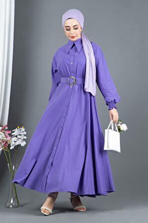 Kemer Detaylı Elinna Elbise-Lila