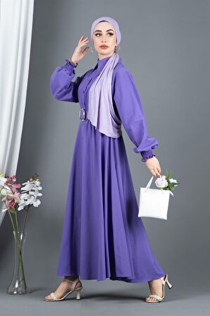 Kemer Detaylı Elinna Elbise-Lila