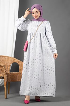 Ponpon Detaylı Astarlı Elbise-Lila Gri