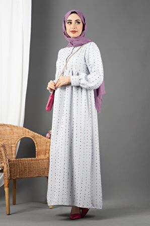 Ponpon Detaylı Astarlı Elbise-Lila Gri